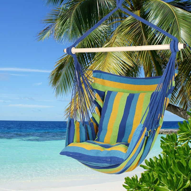 Highwild Hammock Chair Hanging Rope Swing - Max 500 Lbs - 2 Cushions Included - Steel Spreader Bar with Anti-Slip Rings - for Any Indoor or Outdoor Spaces (Blue Striped) - Image 2